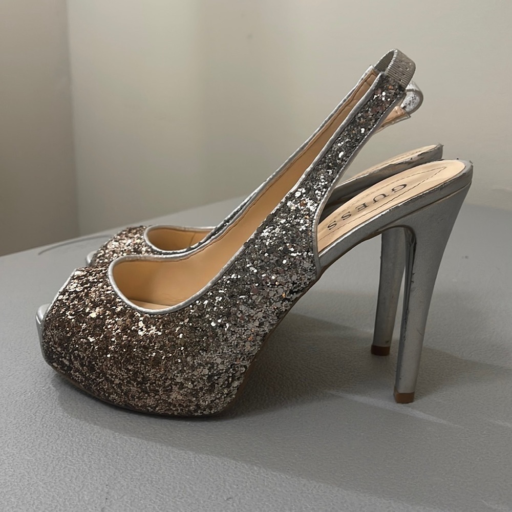 Guess Silver Glitter Peep Toe Heels